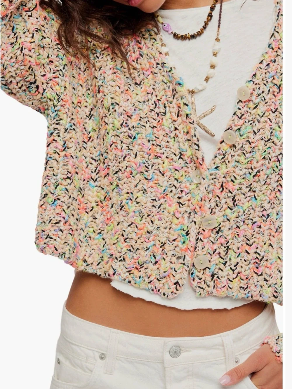 Free People Cream Multicolor Speckled Cropped Cardigan - NWT - Picture 4 of 10